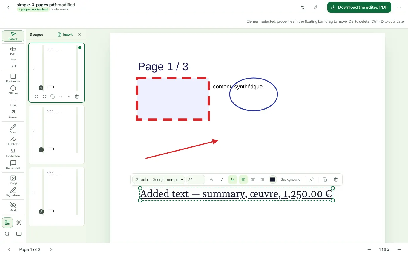 The PDF editor: pages panel, selected text with its property bar (font, size, style), shapes and an arrow on the page.
